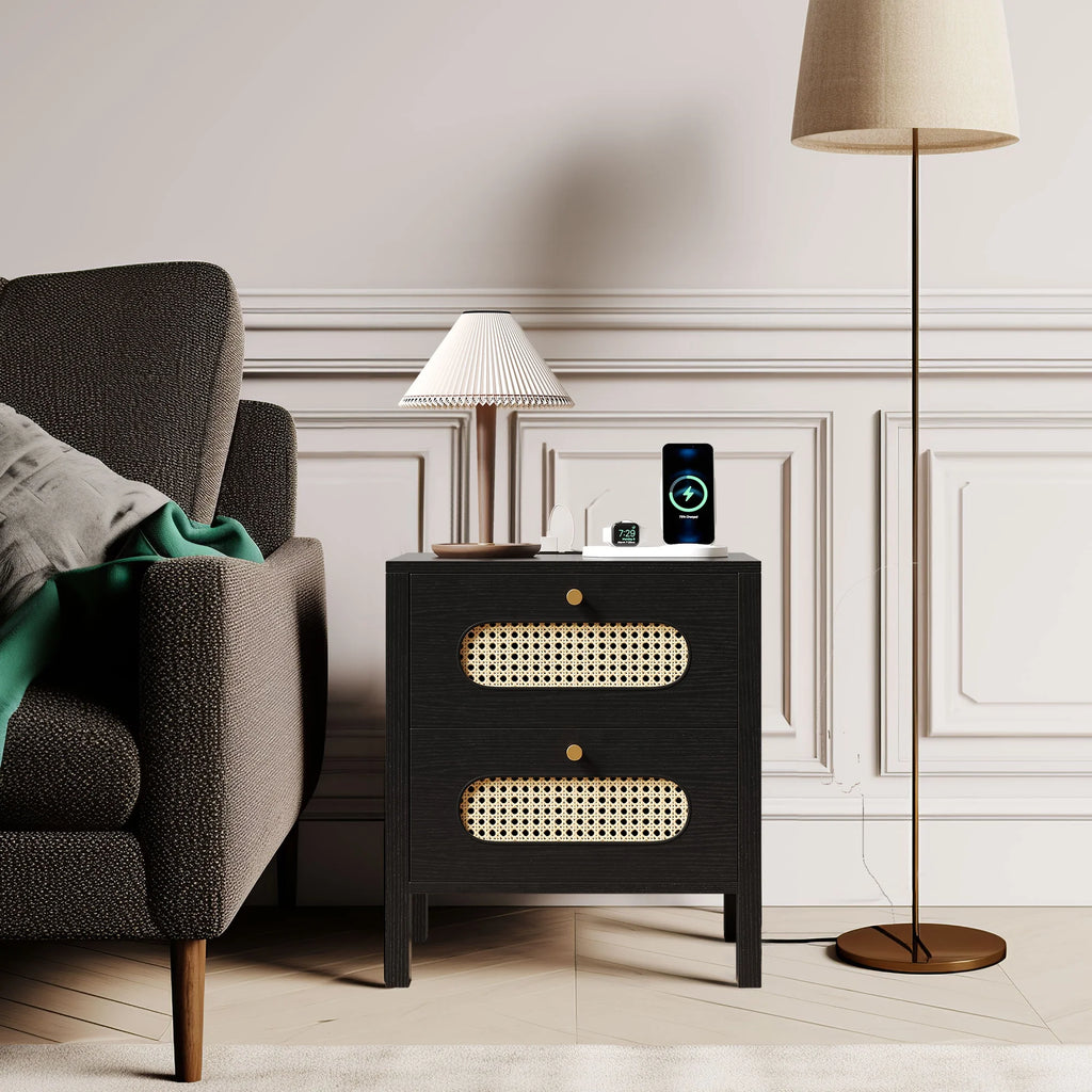 Black Rattan Nightstand with Charging Station X266496