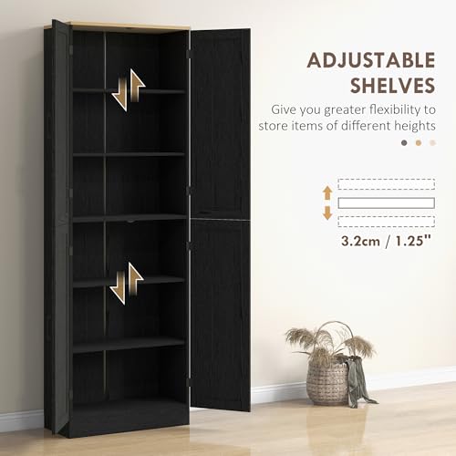 67" Distressed Black 4-Door Kitchen Pantry Cabinet T8082