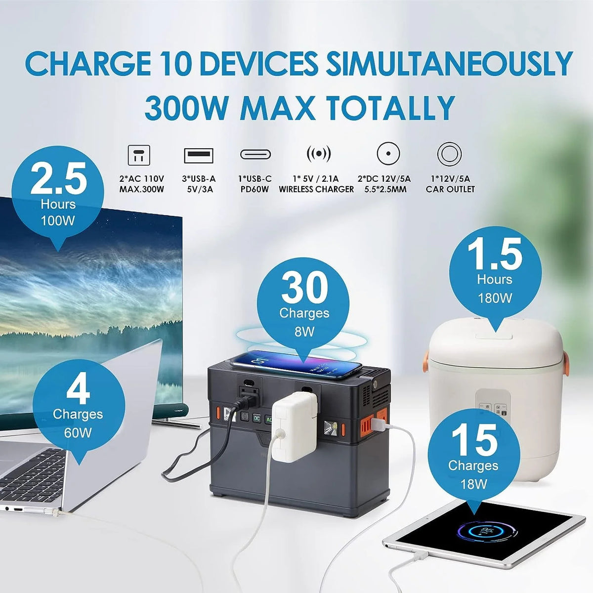 288Wh Portable Power Station with 300 Watt AC Outlets N9520