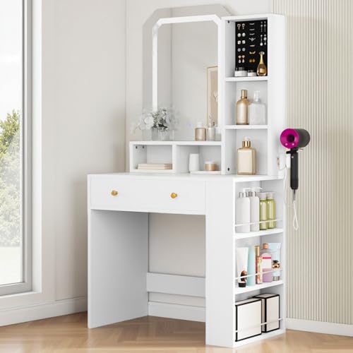 White Vanity Desk Set with LED Mirror and 11 Drawers W22260