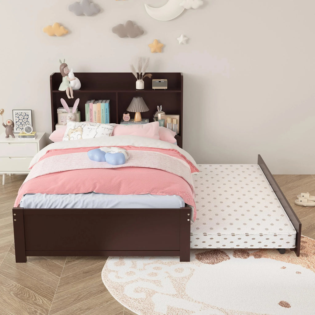 Twin Bed Frame with Trundle and Storage Bookcase A4214