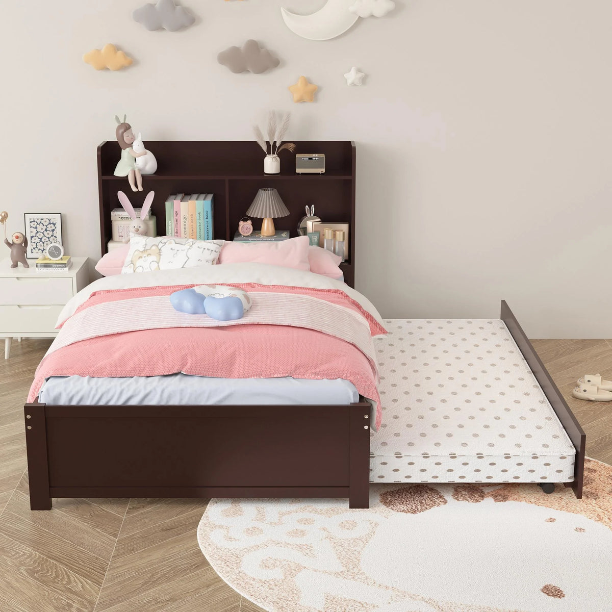 Twin Bed Frame with Trundle and Storage Bookcase A4214