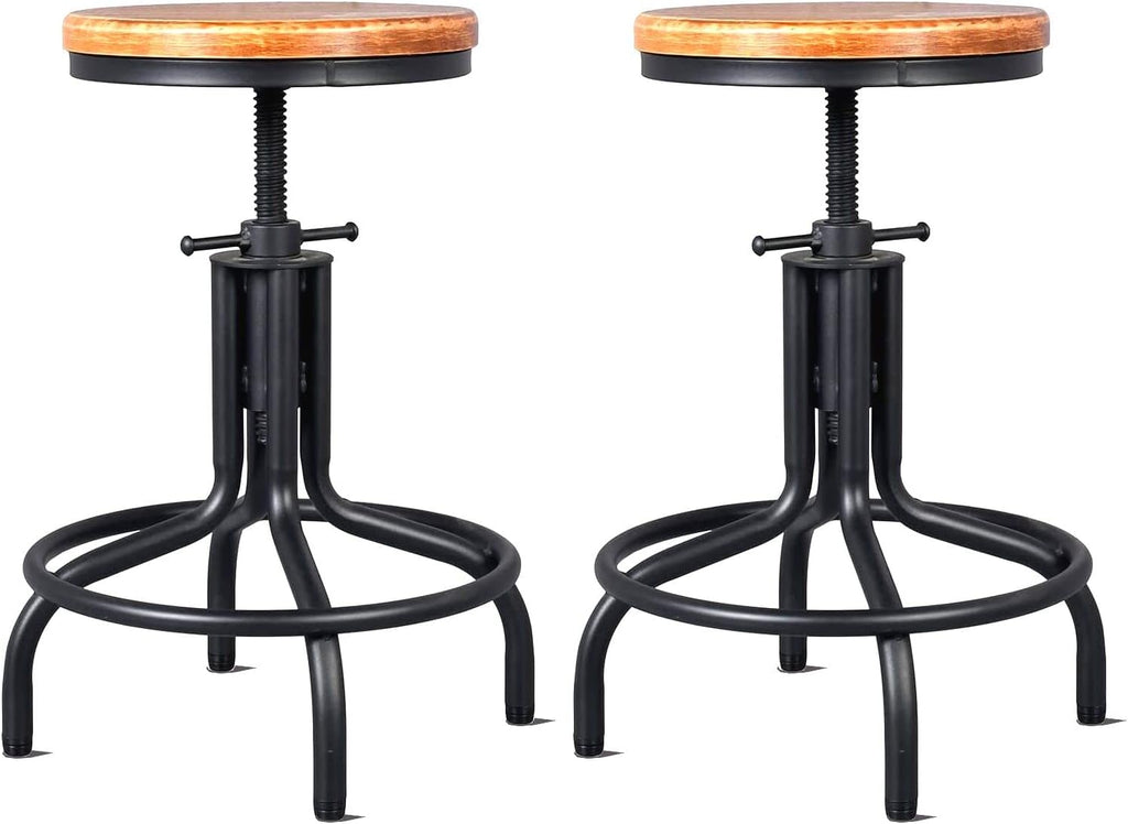 Metal Adjustable Height Bar Stool Set of 2 Black Wooden Top B25784