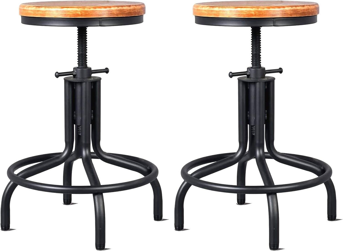 Metal Adjustable Height Bar Stool Set of 2 Black Wooden Top B25784