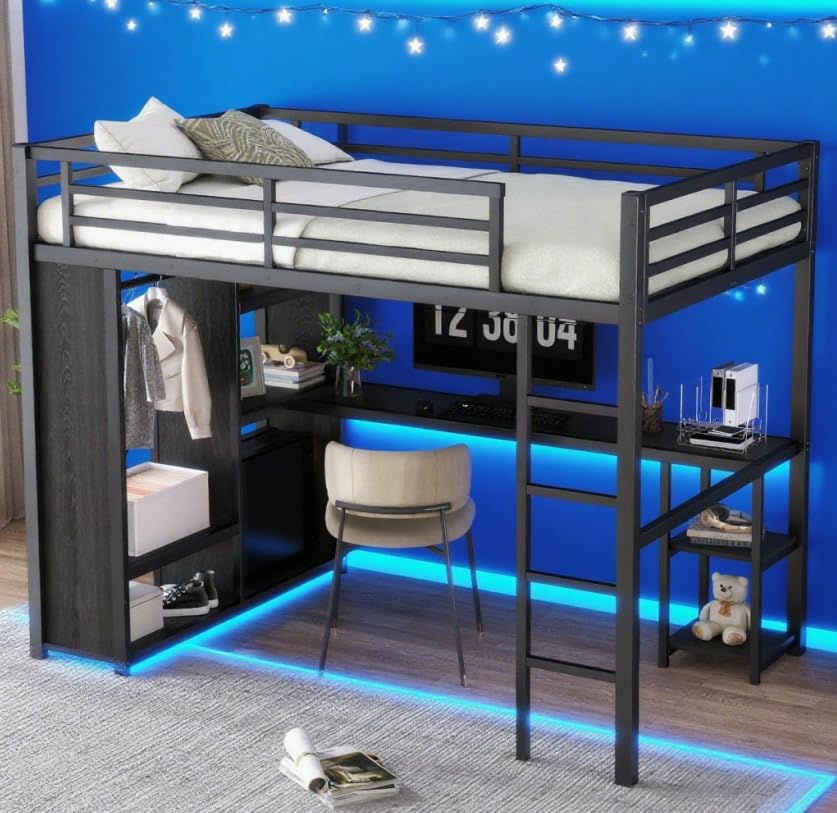 Queen Size Black Metal Loft Bed with L Desk and Wardrobe C4185