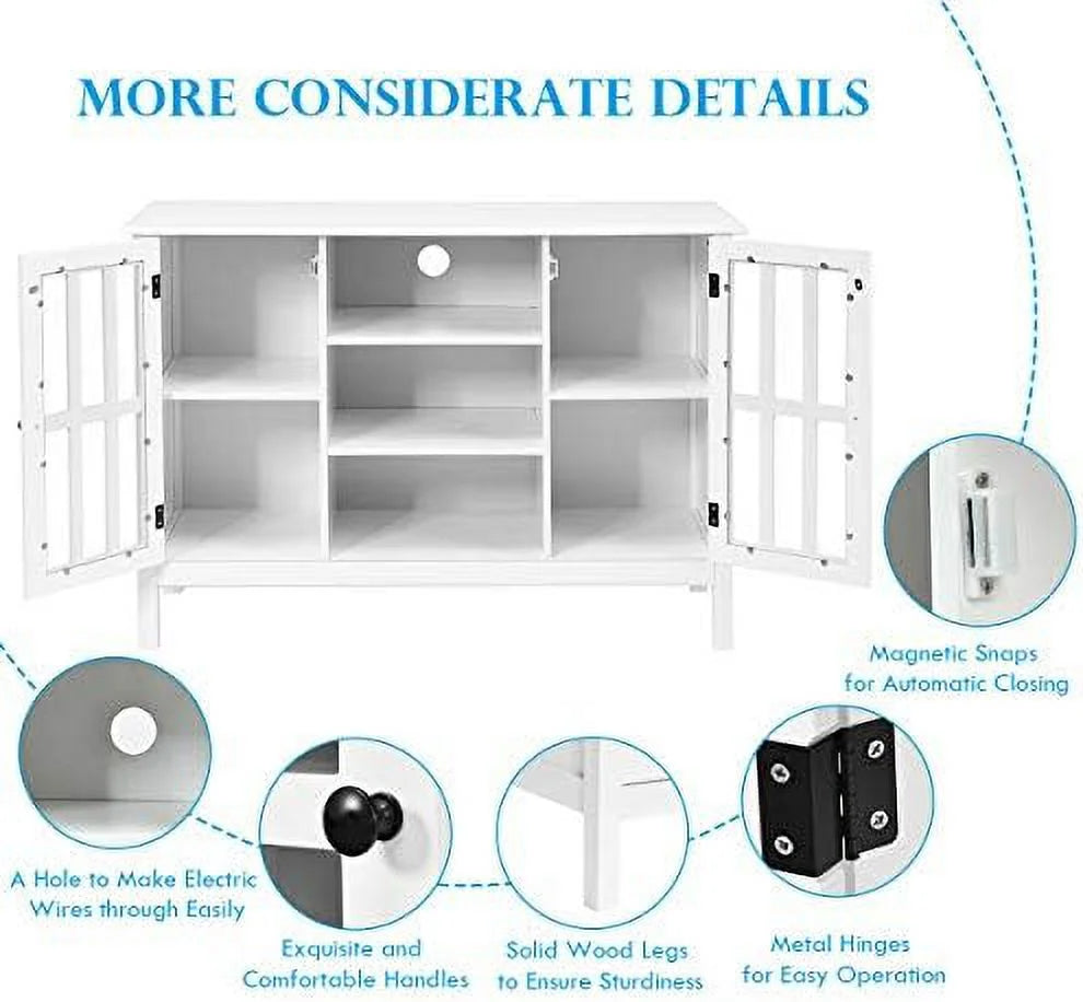 White Modern TV Stand up to 50 Inch with 2 Cabinets and 3 Open Shelves D829