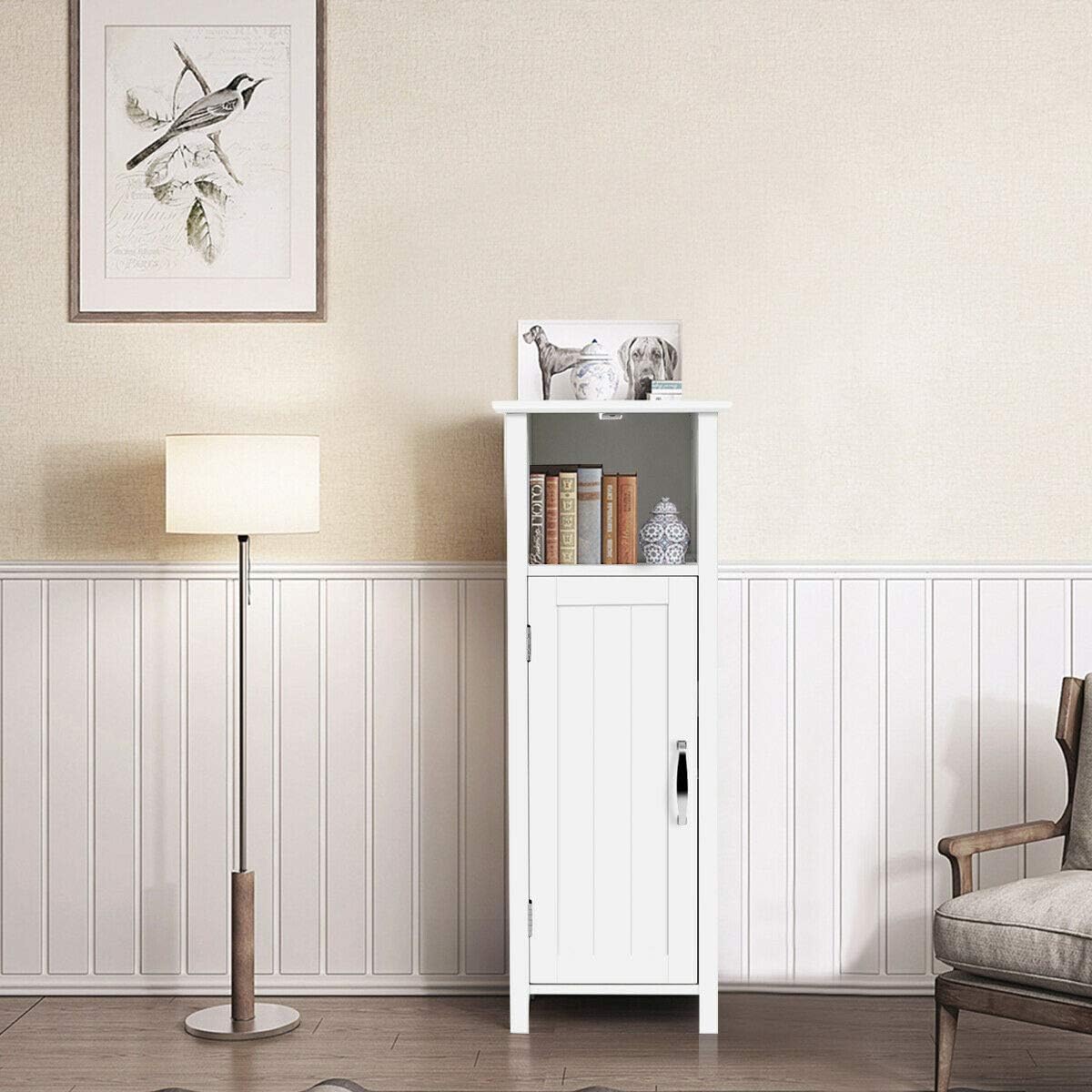 White Bathroom Floor Storage Cabinet with Single Door Adjustable Shelf J187030