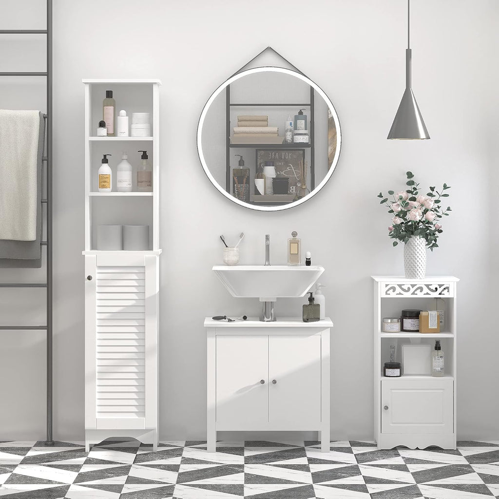 White Tall Bathroom Storage Cabinet with 3-Tier Shelf and Cupboard Z784804