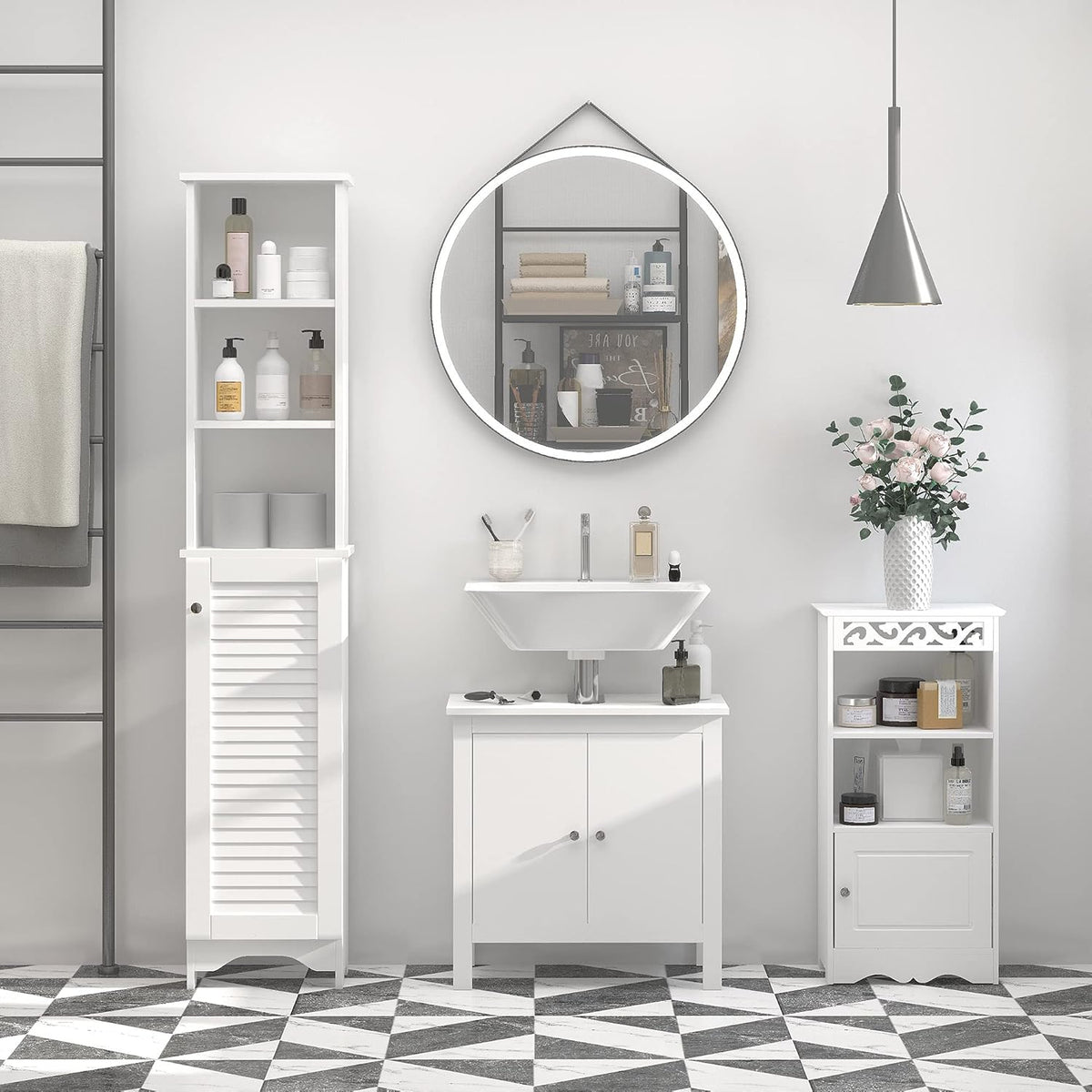 White Tall Bathroom Storage Cabinet with 3-Tier Shelf and Cupboard Z784804