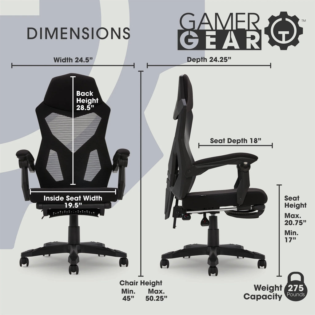Black Fabric Gaming Office Chair with Extendable Leg Rest A3694
