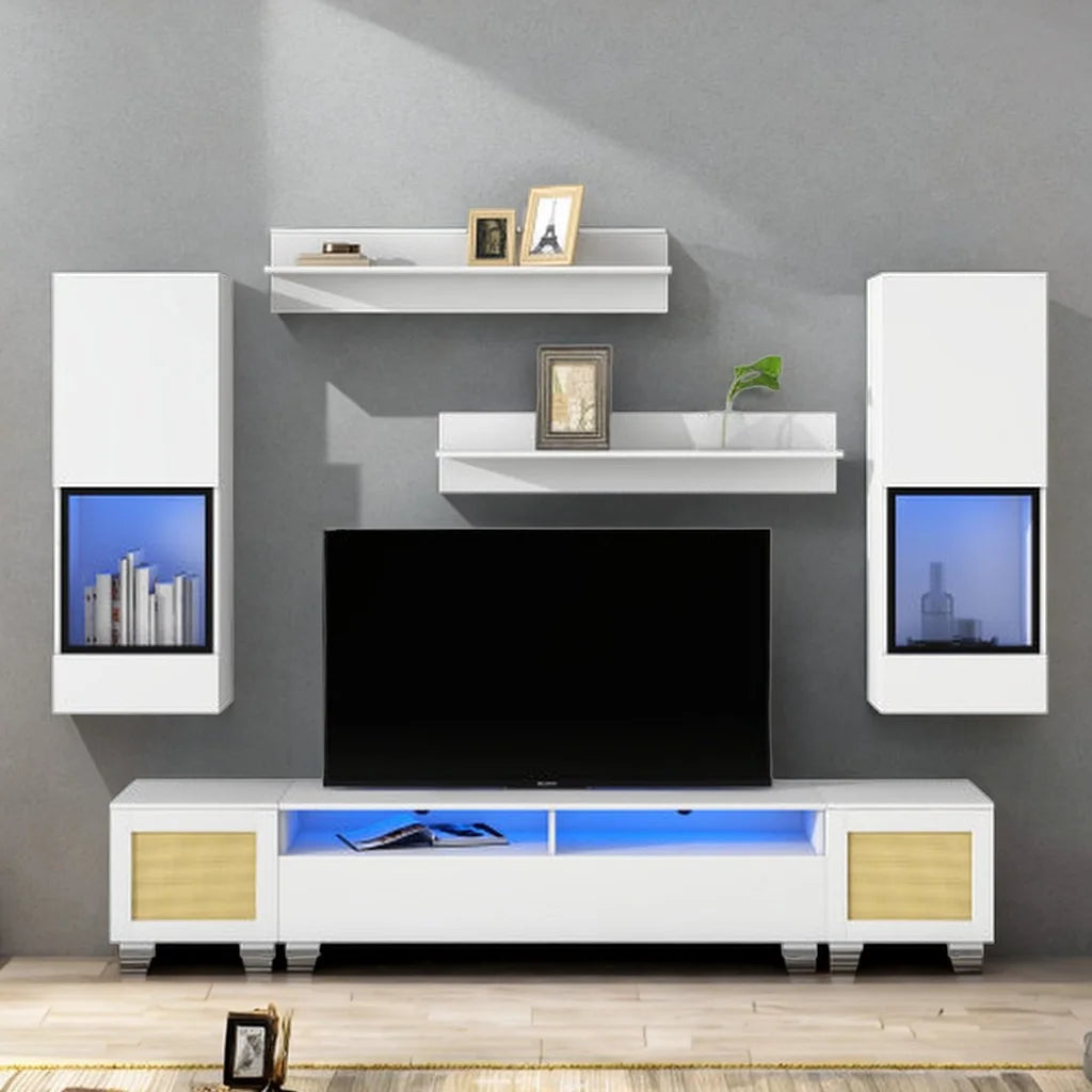 White 7 Pieces Floating TV Stand with LED Lights E871422