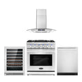 30 Gas Range, Wall Mount Range Hood, Dishwasher and Wine Cooler T17545