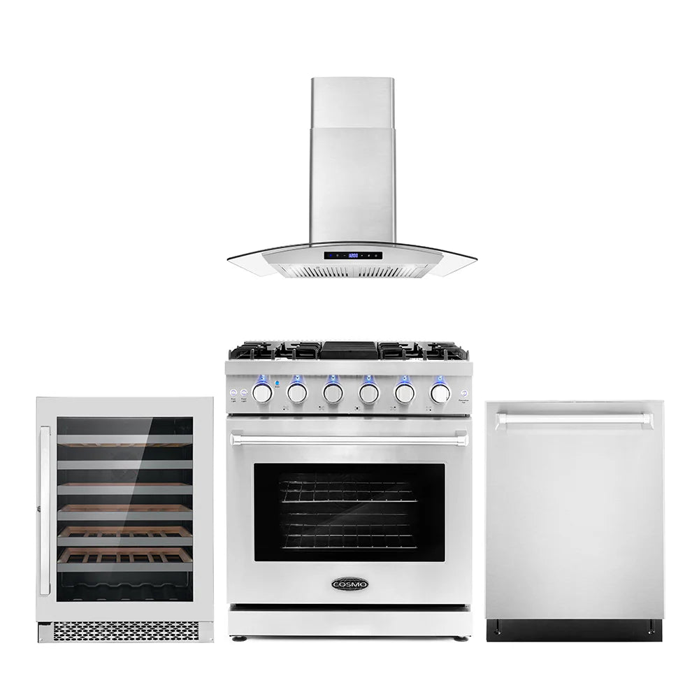 30 Gas Range, Wall Mount Range Hood, Dishwasher and Wine Cooler T17545