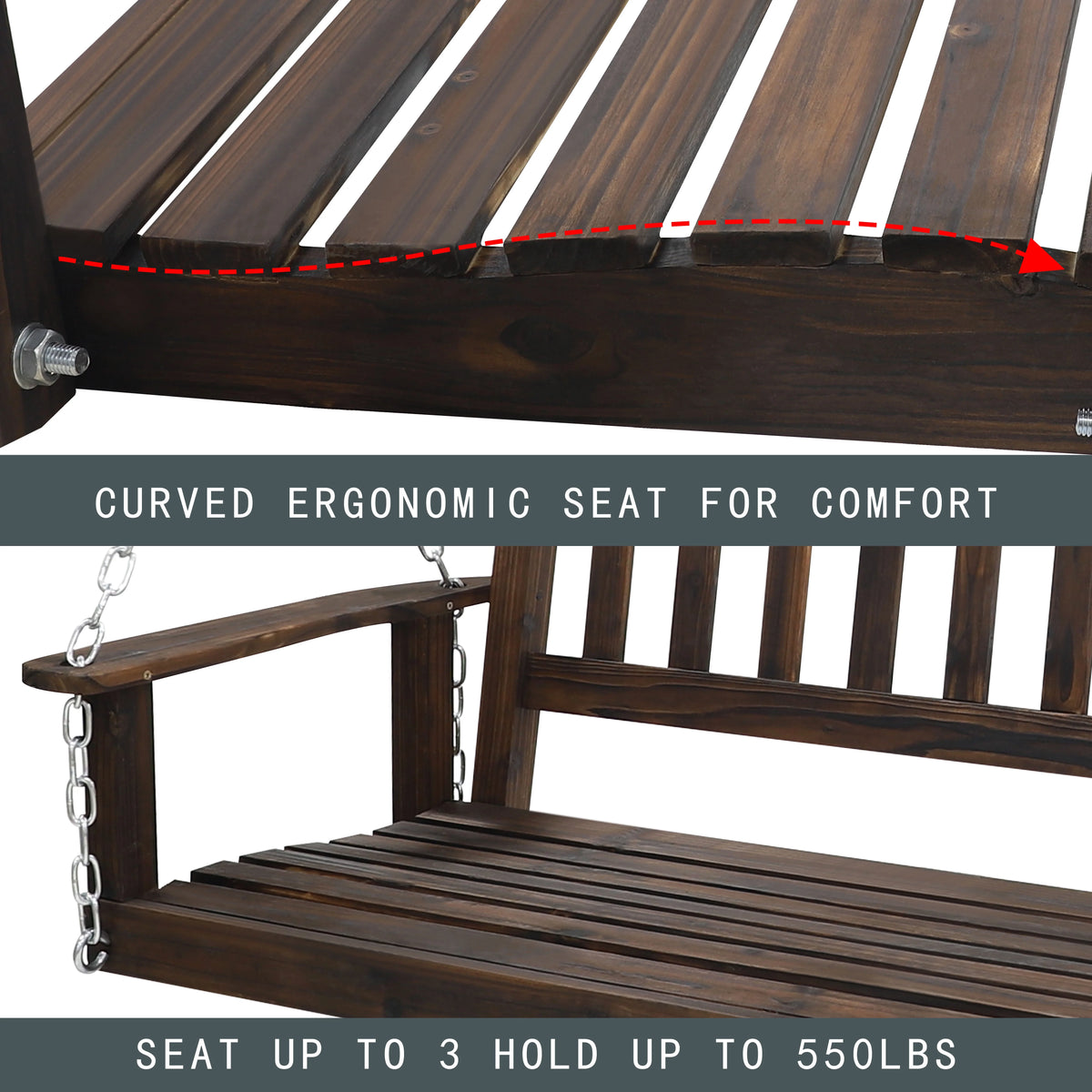 Wooden Porch Swing 4ft with Chains 2-person Swing Bench H605360