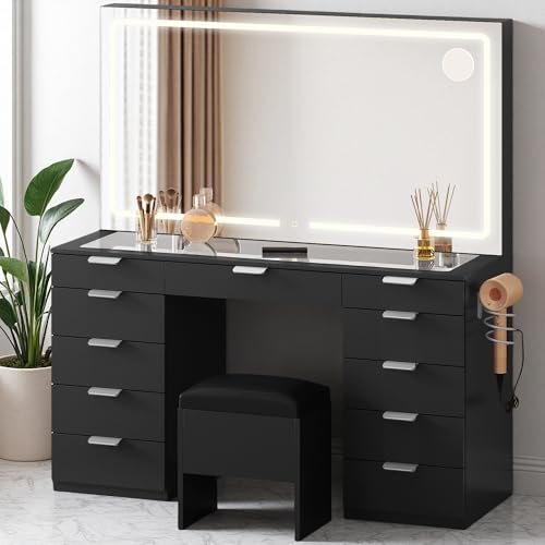 White Vanity Desk Set with LED Mirror and 11 Drawers W22260