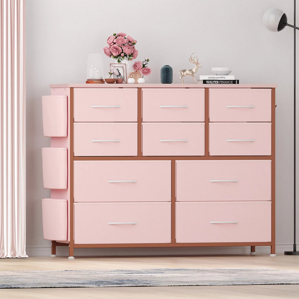 Pink 10 Drawer Fabric Dresser with Wood Tabletop L386214