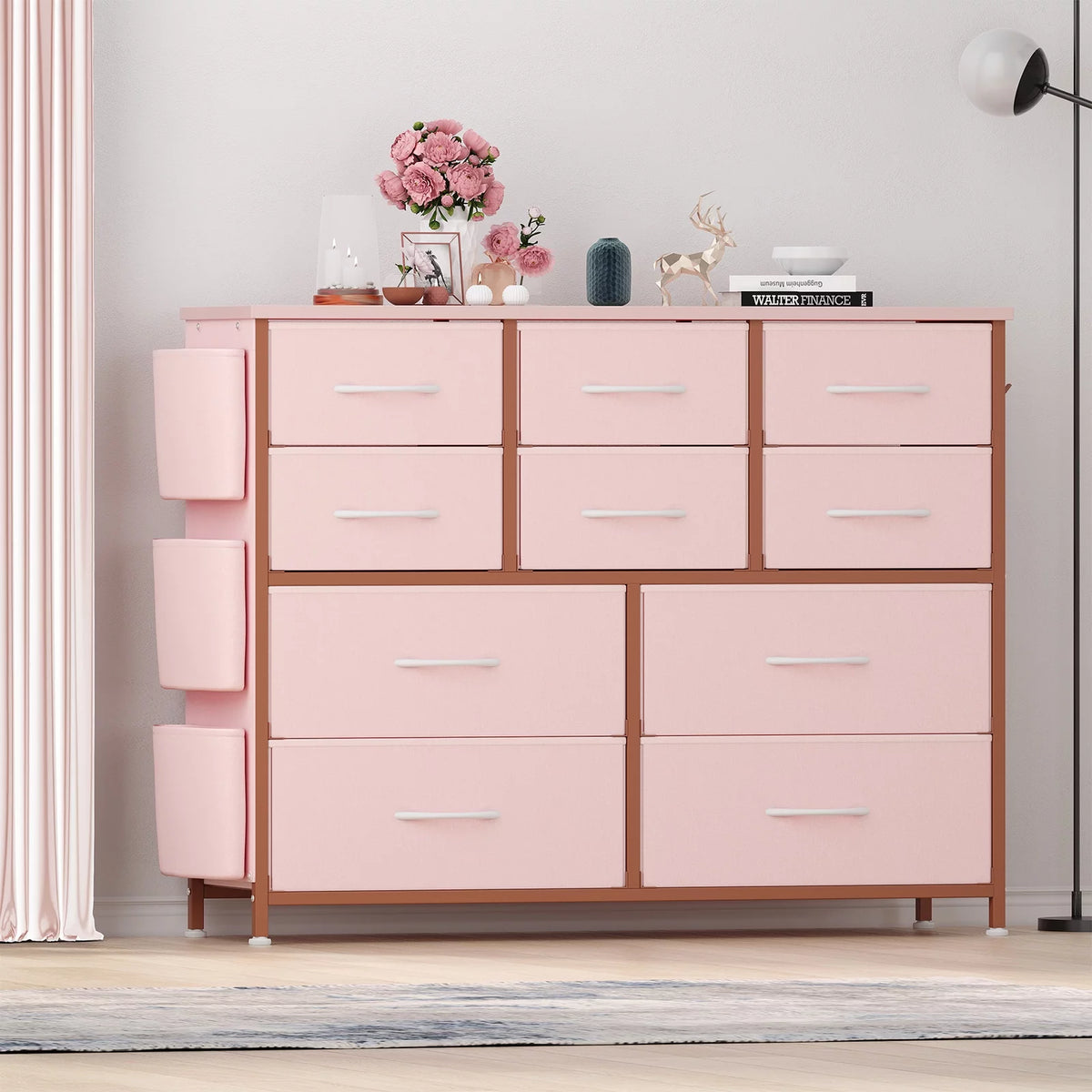 Pink 10 Drawer Fabric Dresser with Wood Tabletop L386214