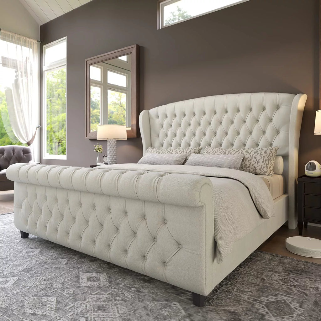 Queen Size Black Velvet Upholstered Platform Bed Frame H7040