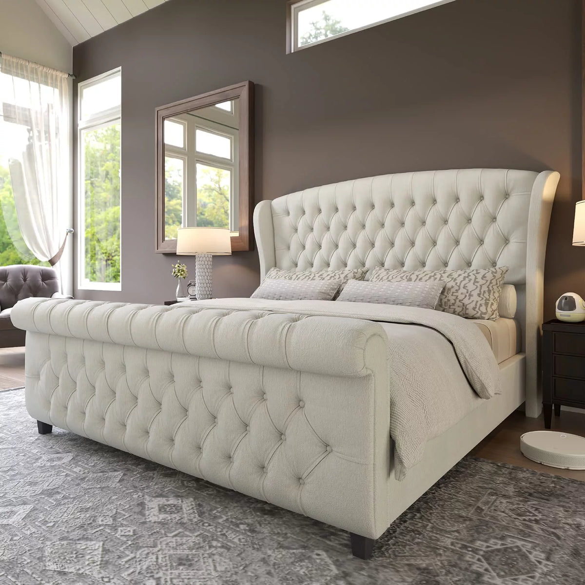 Queen Size Black Velvet Upholstered Platform Bed Frame H7040