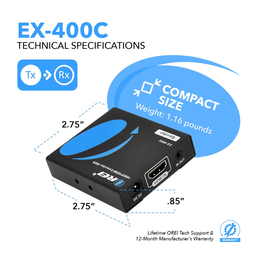 HDMI Extender Over LAN Single CAT5e/CAT6A/CAT7 Cable Uncompressed 1080p 60Hz Up to 400 Ft Transmitter and Receiver B5822