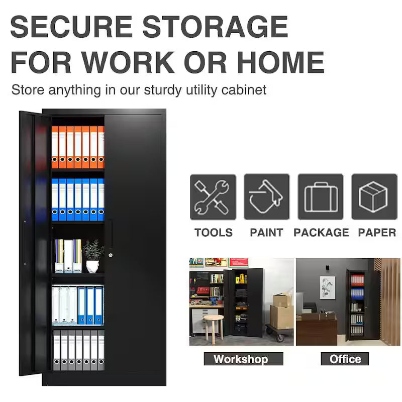 Black Metal Garage Storage Cabinet with Double Handle I30549
