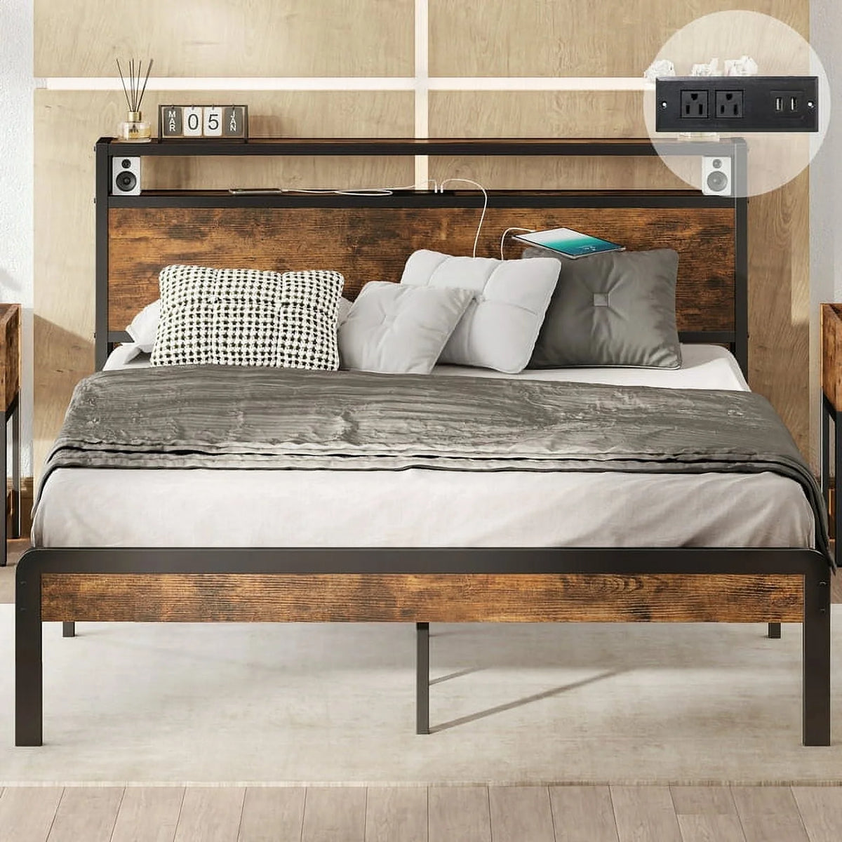 Twin Bed Frame with Storage Headboard and Charging Station F490600