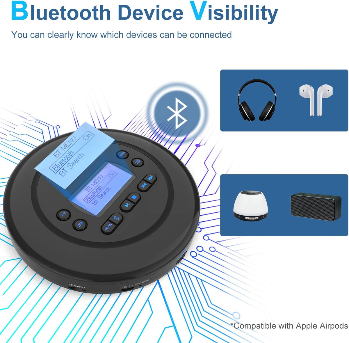 Portable Bluetooth CD Player with Dual Headphone Jack E947