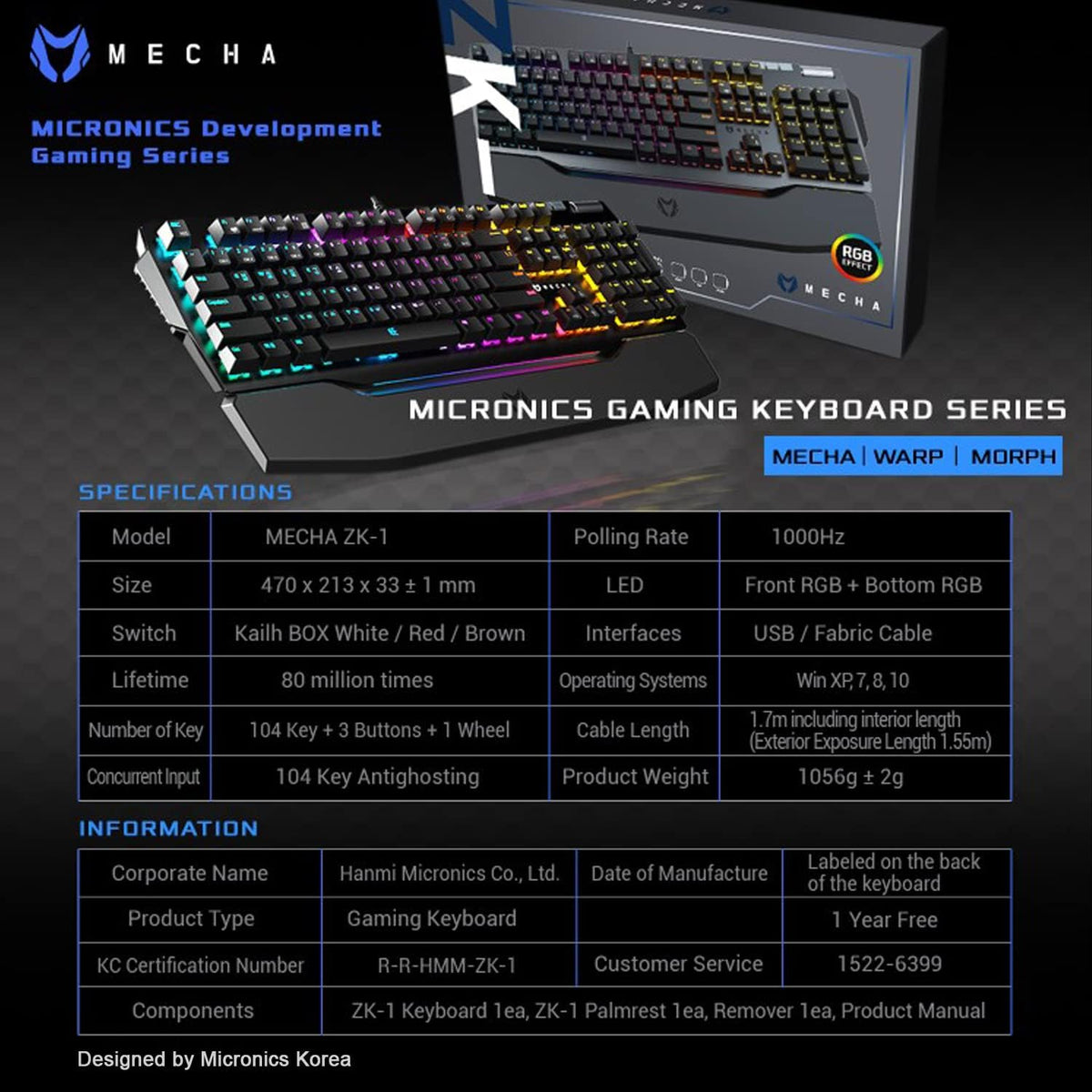 Wired Mechanical Gaming Keyboard, RGB, Detachable Magnetic Palm Rest, Aluminum Top, 104 Keys, Black F184410