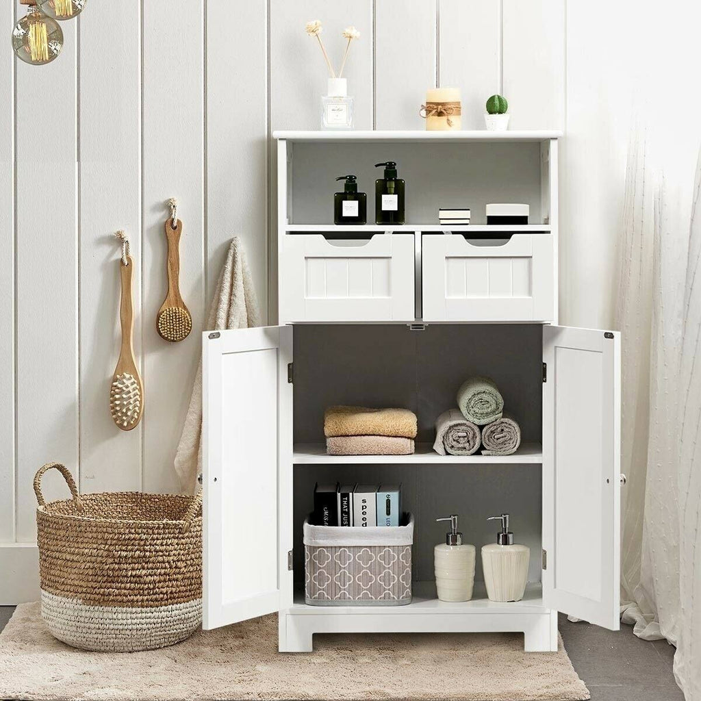 White Wooden Bathroom Side Cabinet with 2 Drawers and 2 Doors J593