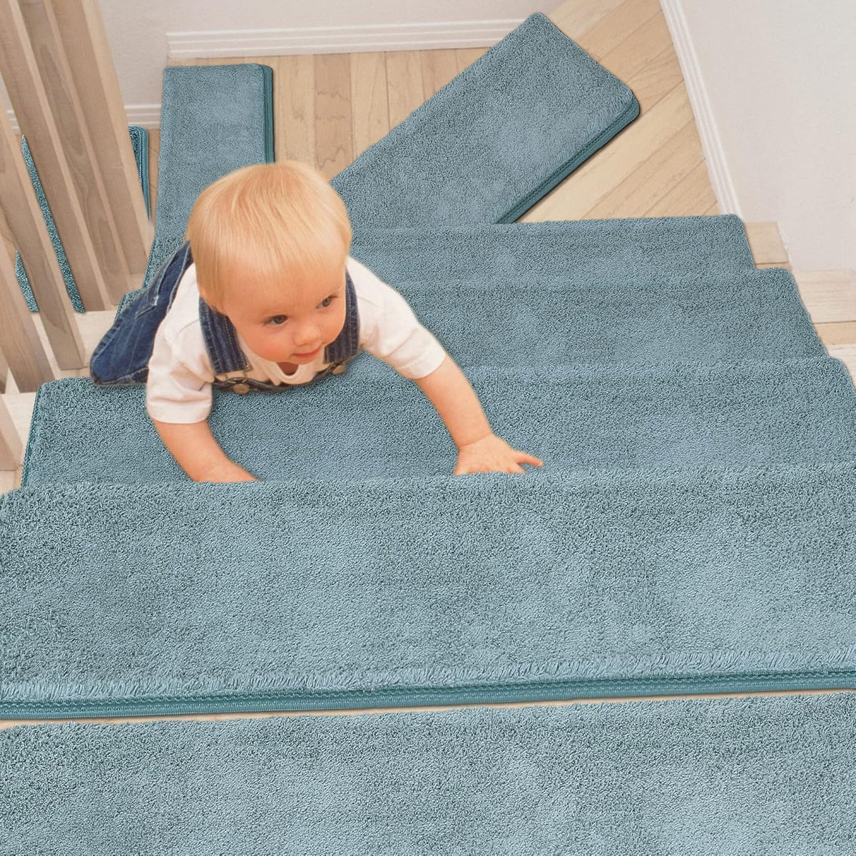Green 14 Pieces Non-Slip Washable Carpet Stair Treads Set A363