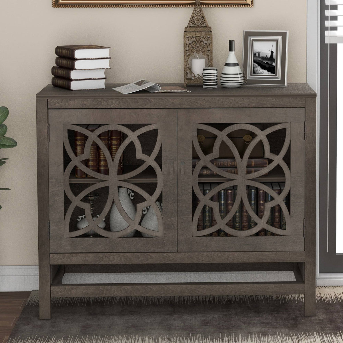 Grey Wood Buffet Sideboard Cabinet with Doors and Adjustable Shelf T876759