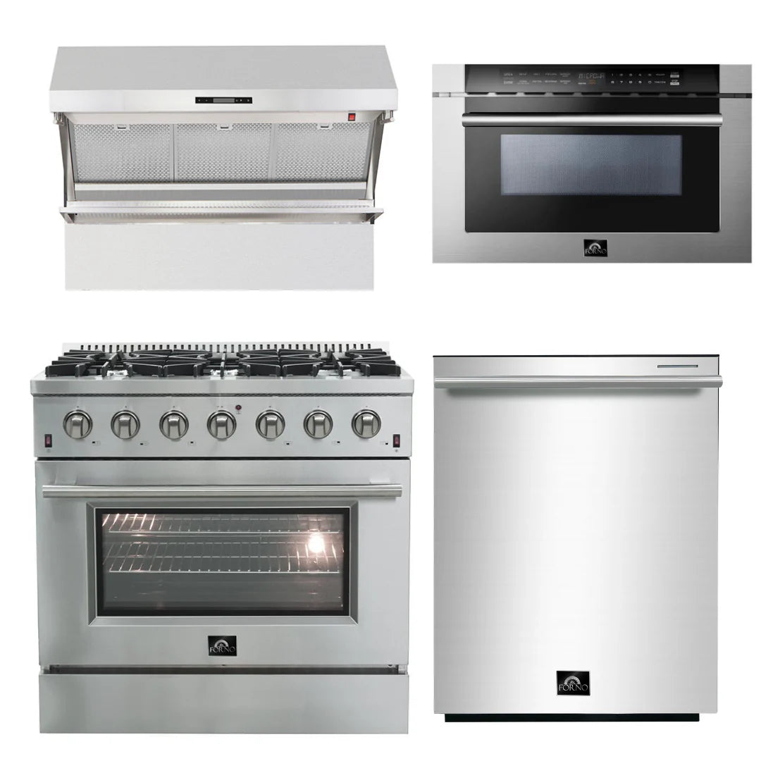 36 Inch Gas Range, Wall Mount Range Hood, Microwave Drawer, Dishwasher U2312