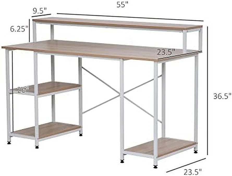 55 Inch Grey Wood Grain Computer Desk with Shelves L2433
