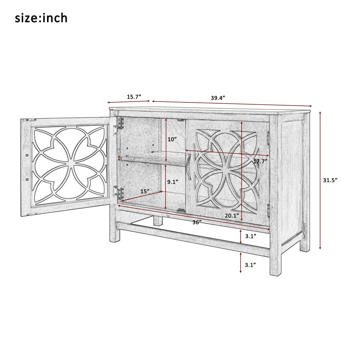 Grey Wood Buffet Sideboard Cabinet with Doors and Adjustable Shelf T876759