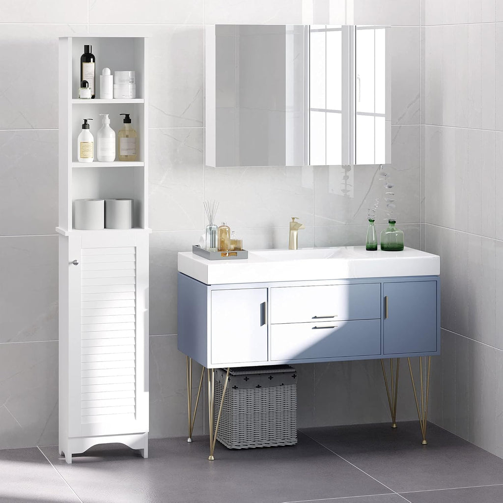 White Tall Bathroom Storage Cabinet with 3-Tier Shelf and Cupboard Z784804
