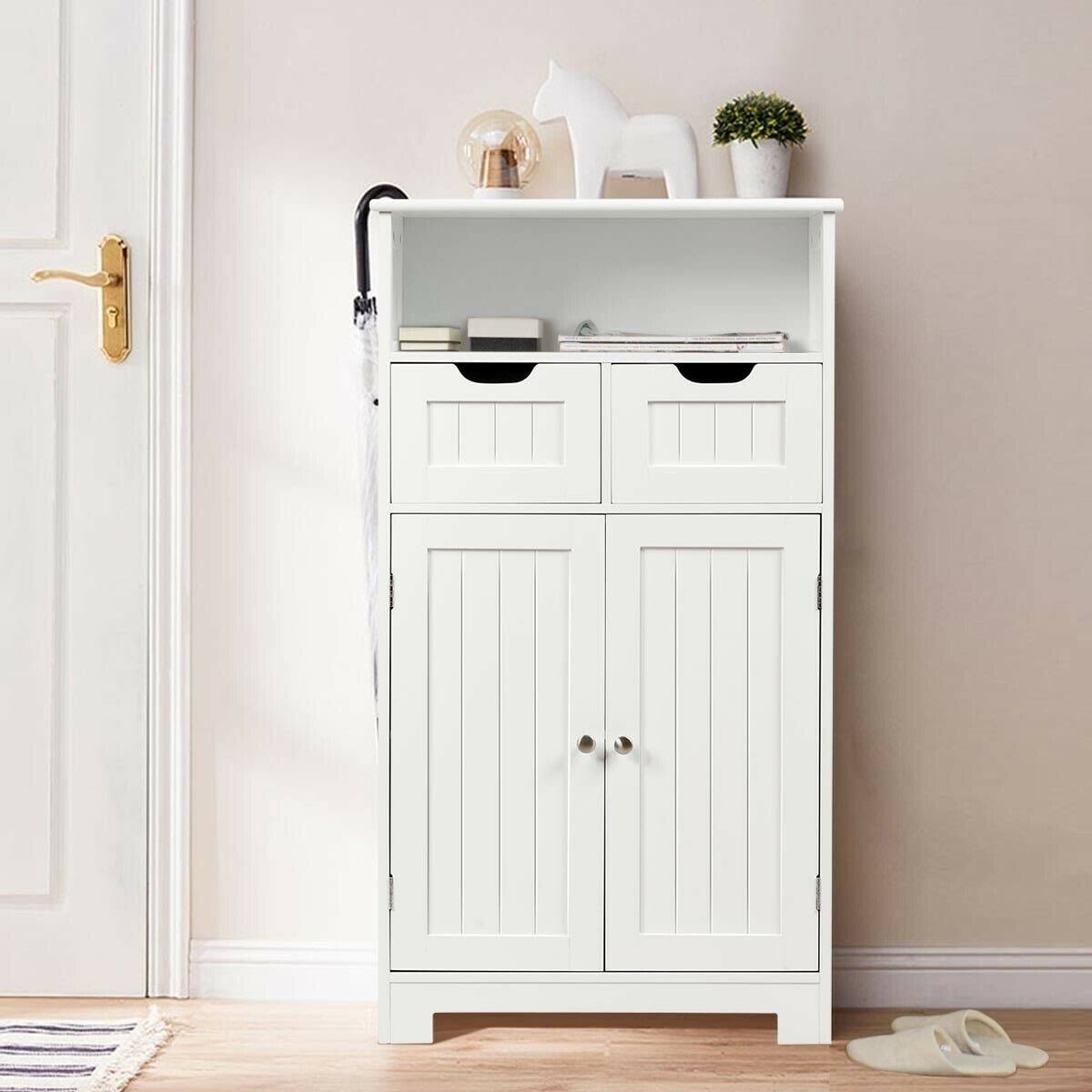 White Wooden Bathroom Side Cabinet with 2 Drawers and 2 Doors J593