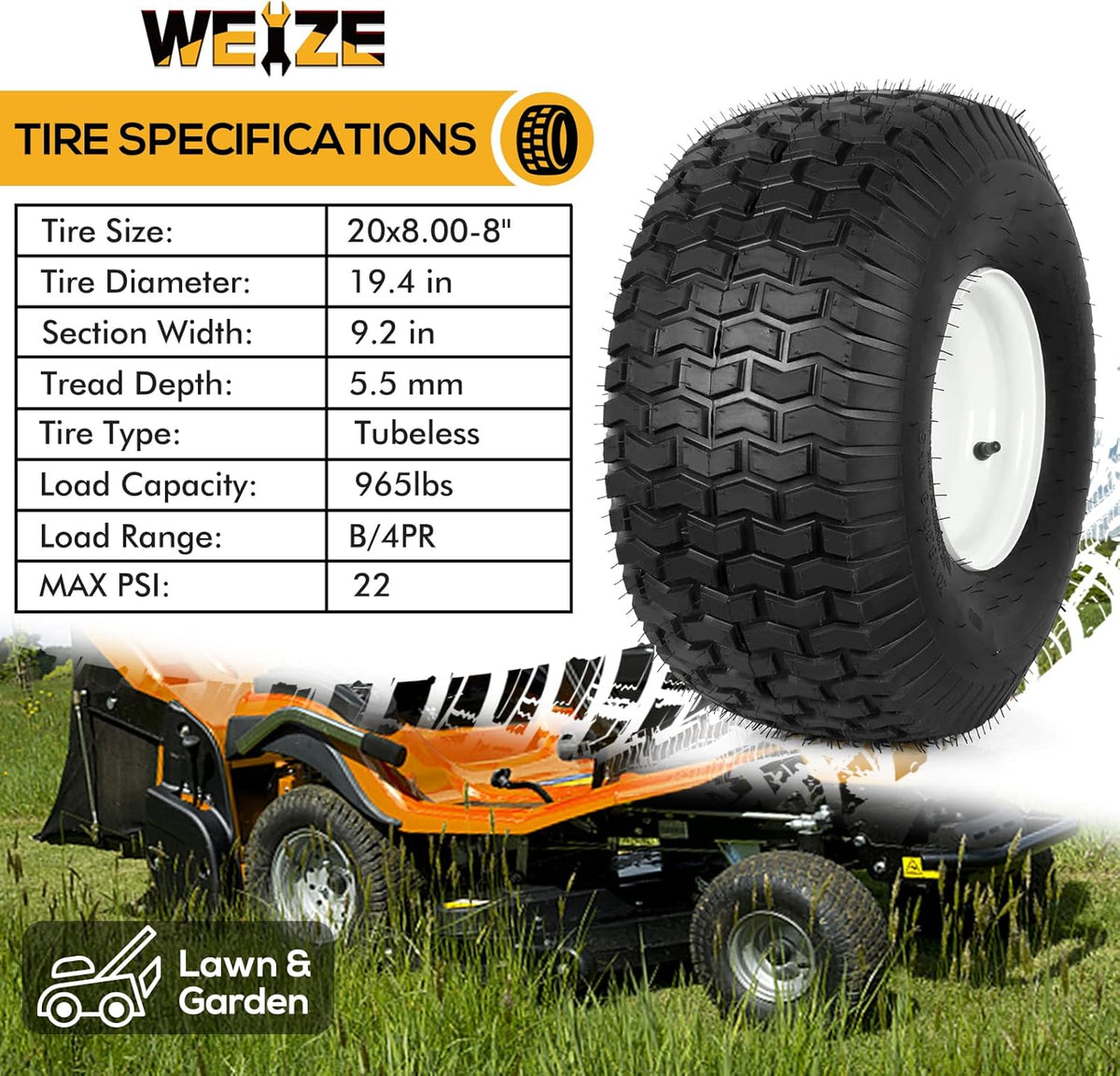20x8.00-8 Lawn Tires with Rim, 4 Ply Tubeless, Set of 2 N7638