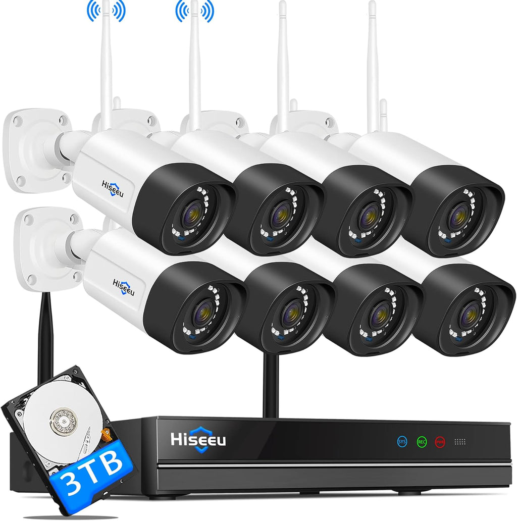 2K Wireless Security Camera System 8Pcs Cameras 3MP WiFi Night Vision Waterproof 3TB Hard Drive T344426