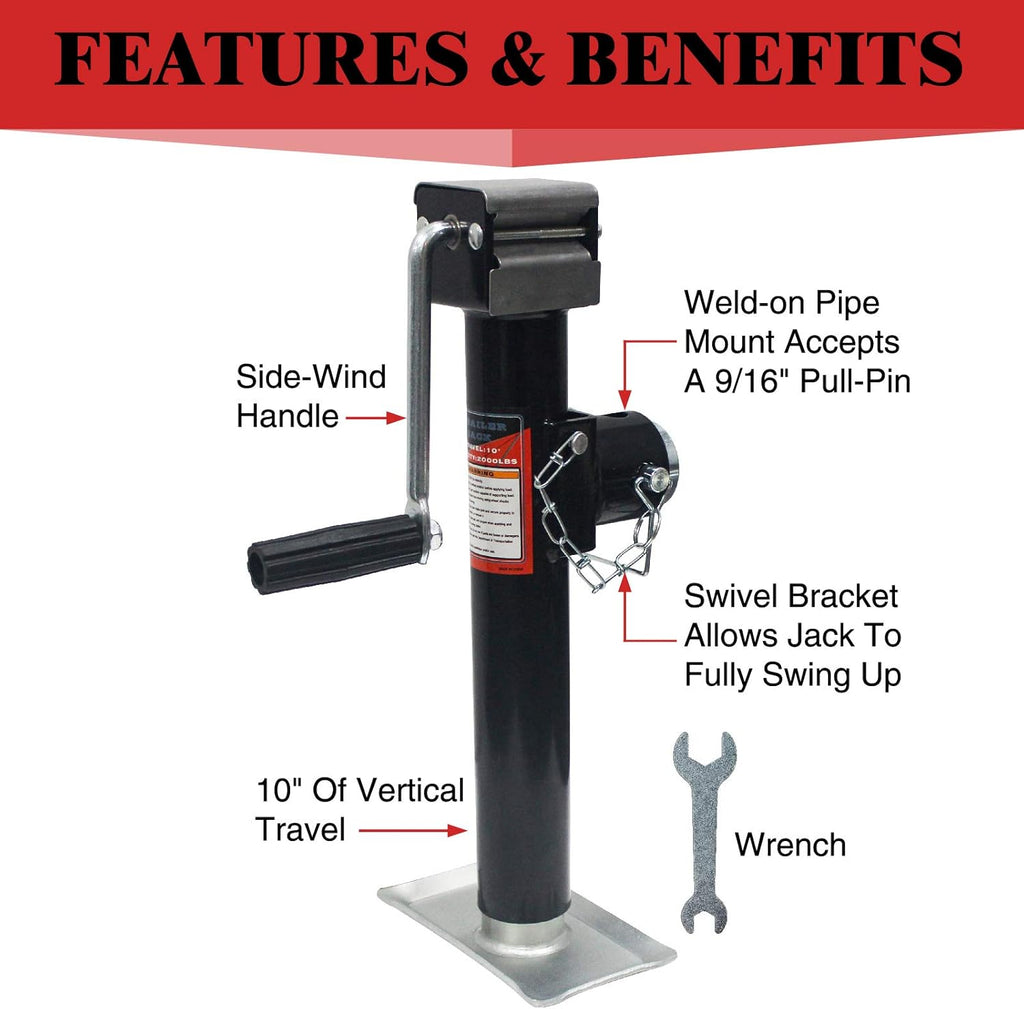Side Wind Weld-On Pipe-Mount Swivel Trailer Jack 5000 lbs 10 Inches Vertical Travel A3 Steel Pack of 2 H990