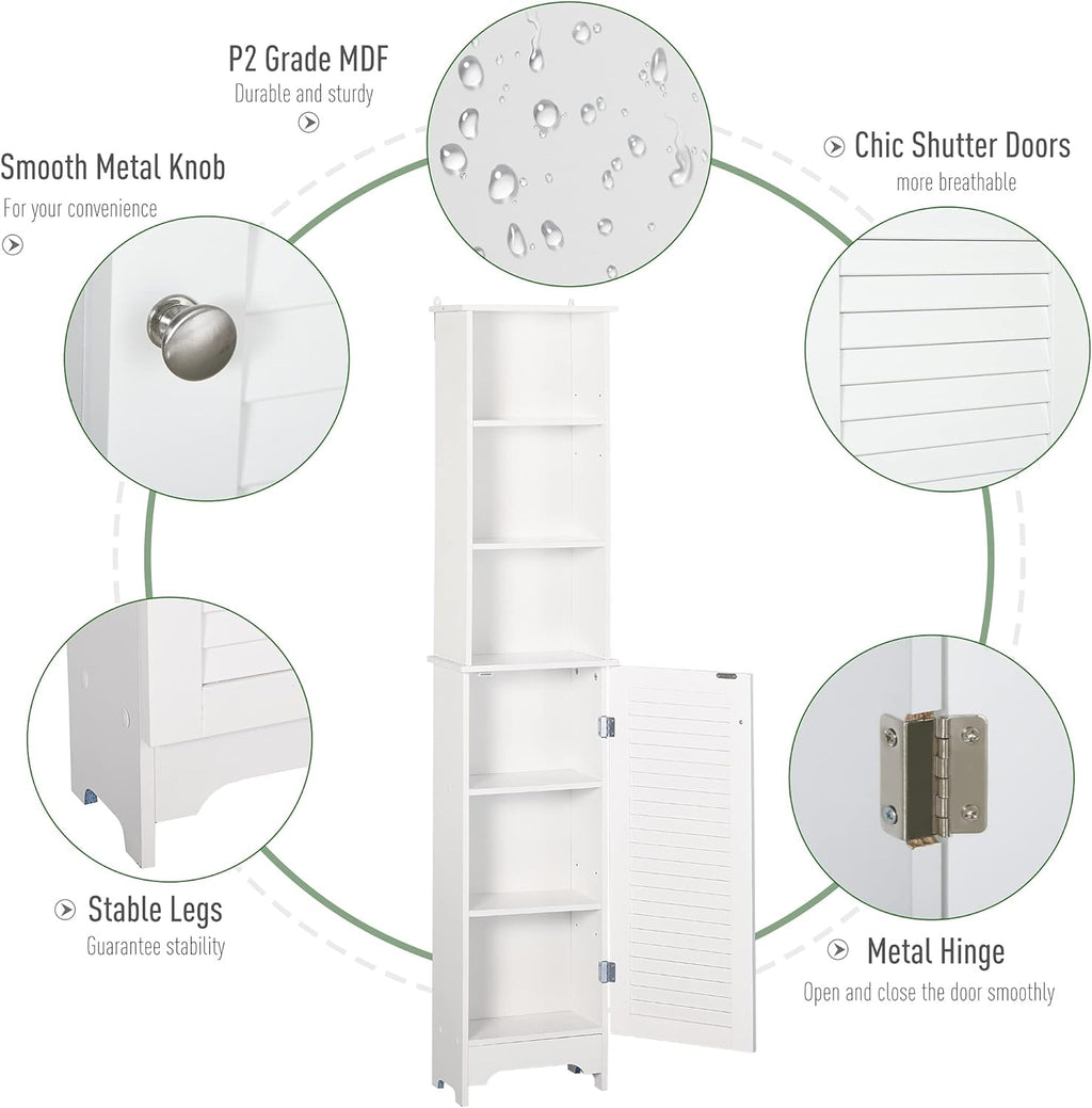 White Tall Bathroom Storage Cabinet with 3-Tier Shelf and Cupboard Z784804