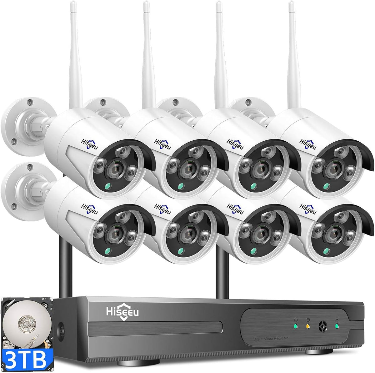 2K Wireless Security Camera System 8Pcs Cameras 3MP WiFi Night Vision Waterproof 3TB Hard Drive T344426