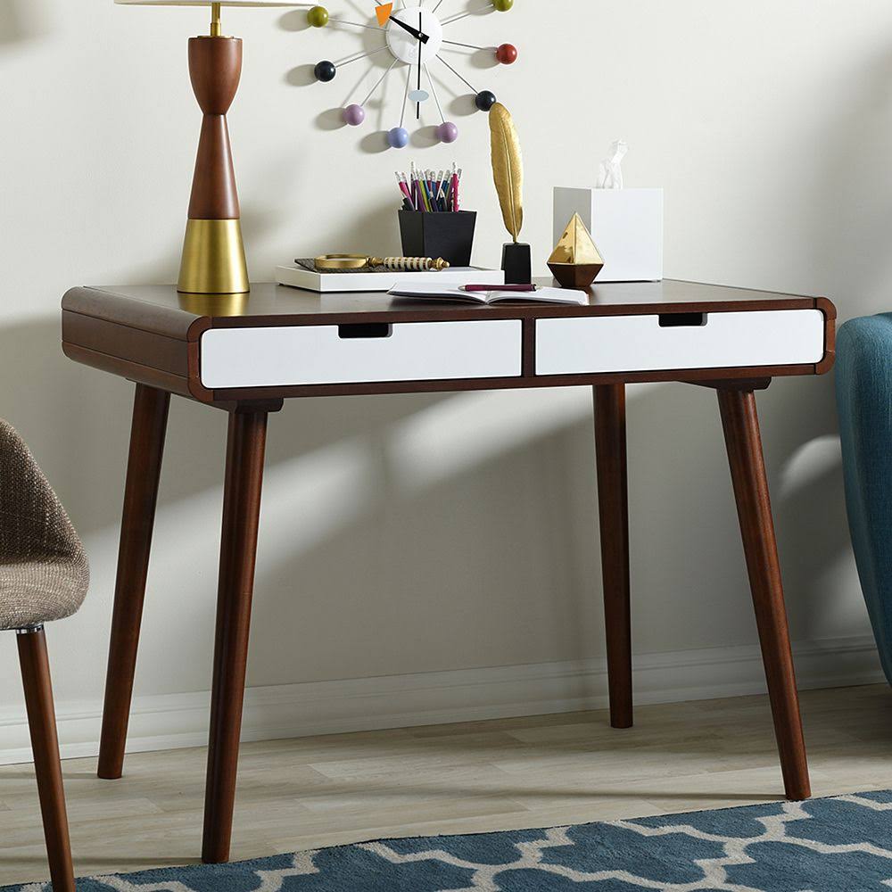 Dark Walnut and White 2-Drawer Wood Writing Desk A5769