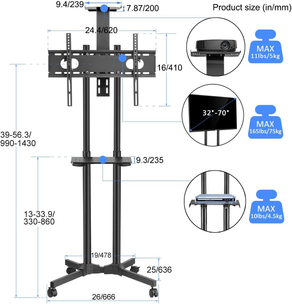 Rolling TV Cart Mobile TV Mount Stand with Wheels and Shelves for 32-70 inch Flat Screen N555774