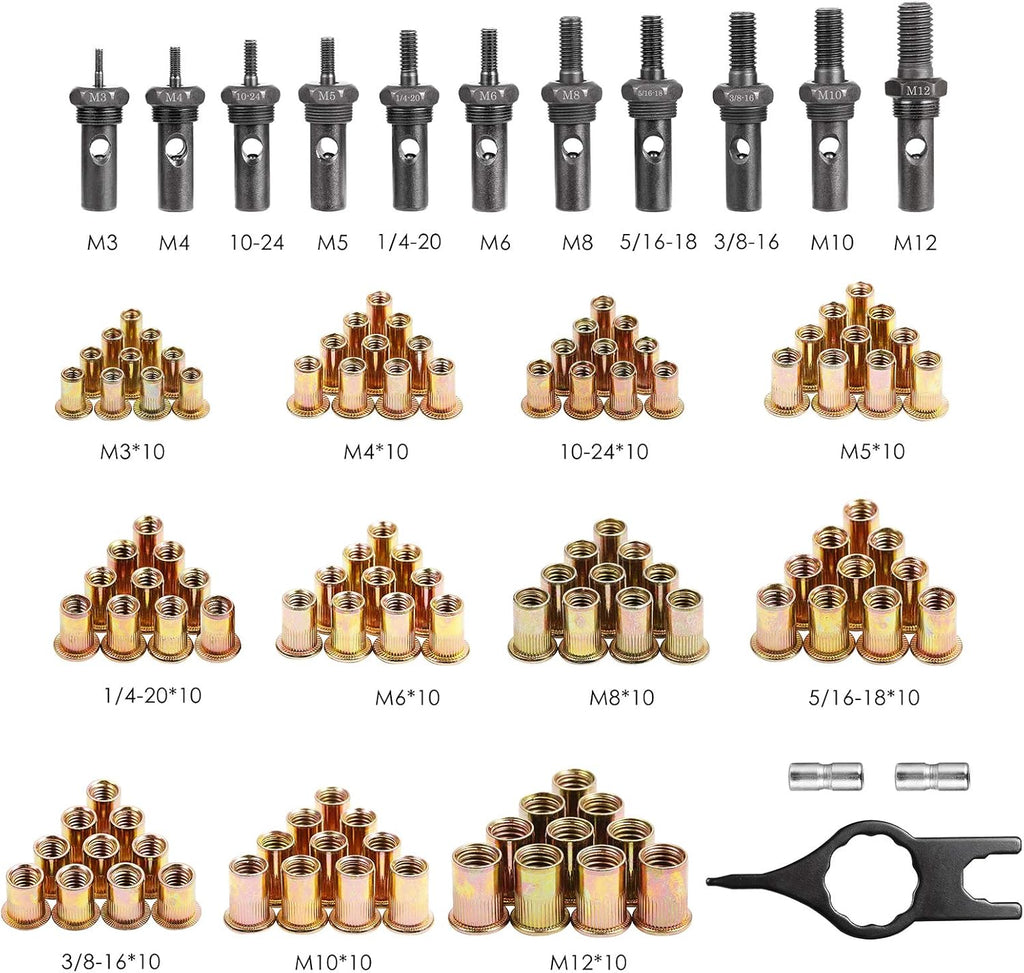 16 Rivet Nut Tool Kit with 11 Mandrels and 110pcs Rivnuts U221217