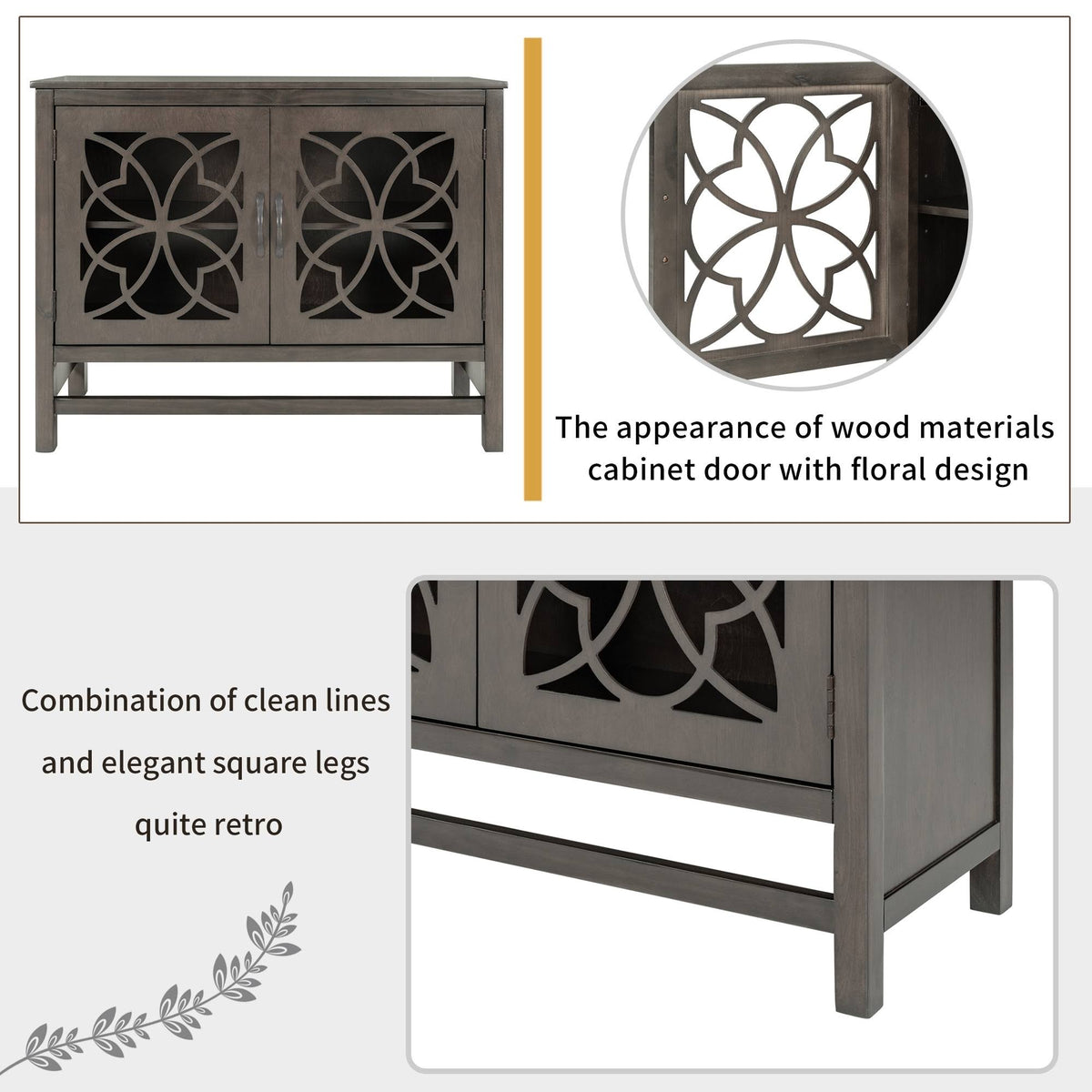Grey Wood Buffet Sideboard Cabinet with Doors and Adjustable Shelf T876759