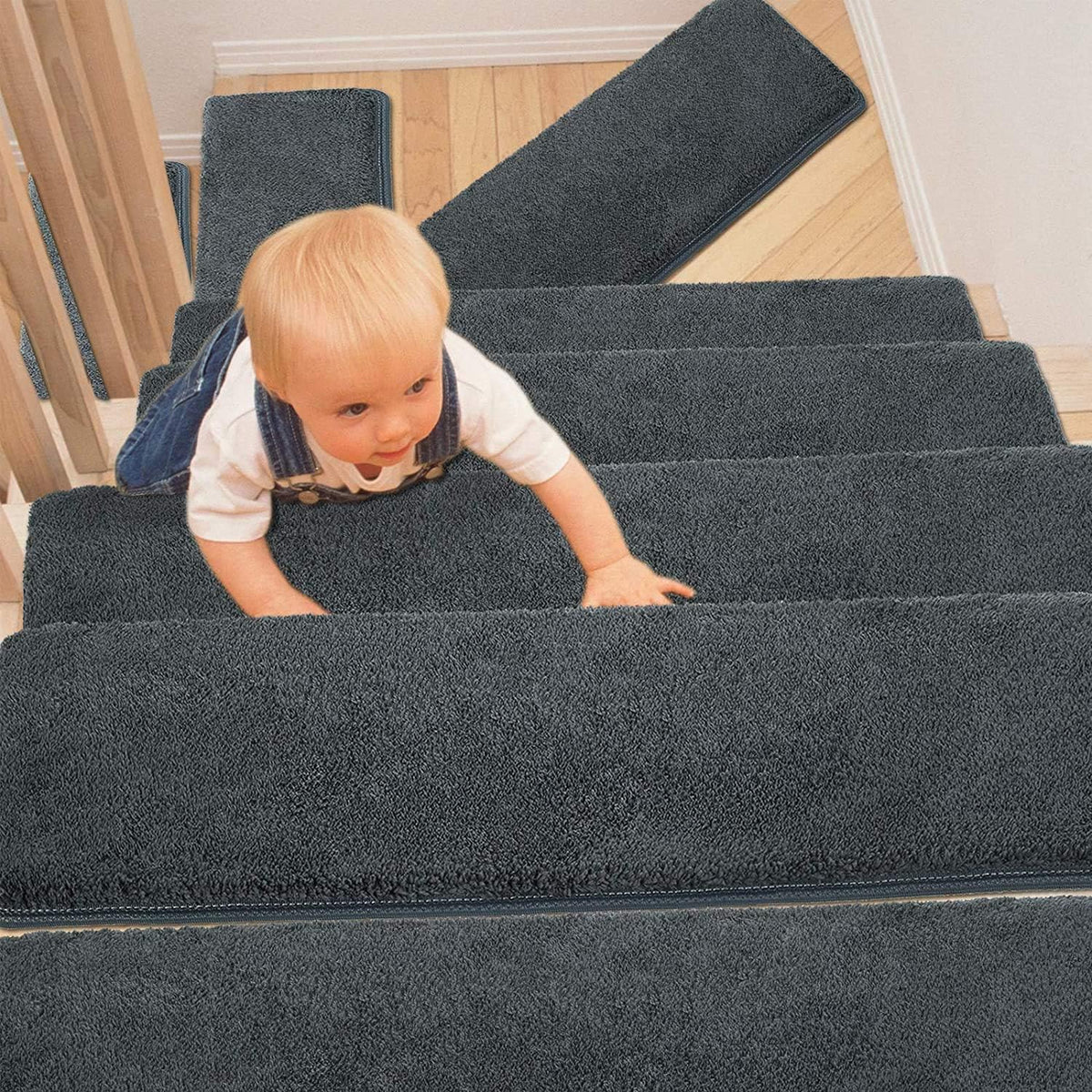 Green 14 Pieces Non-Slip Washable Carpet Stair Treads Set A363