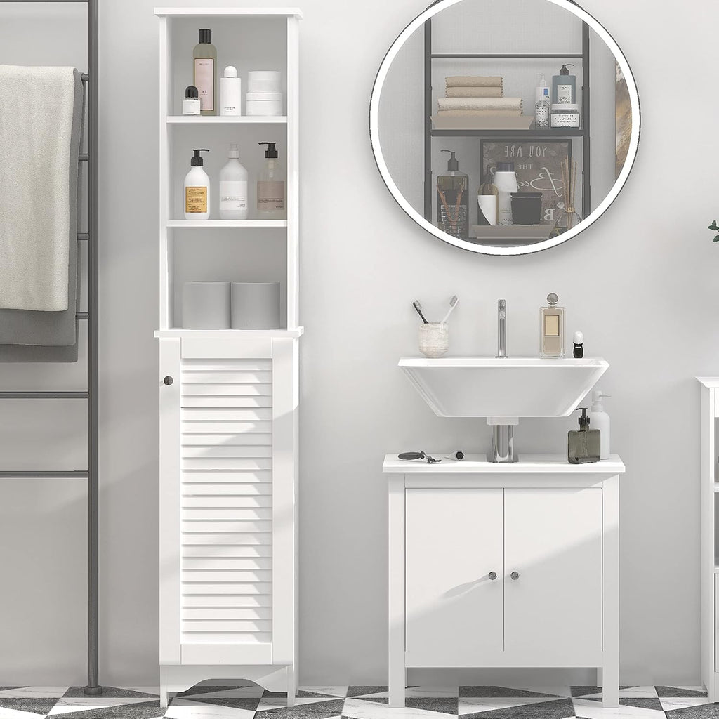 White Tall Bathroom Storage Cabinet with 3-Tier Shelf and Cupboard Z784804