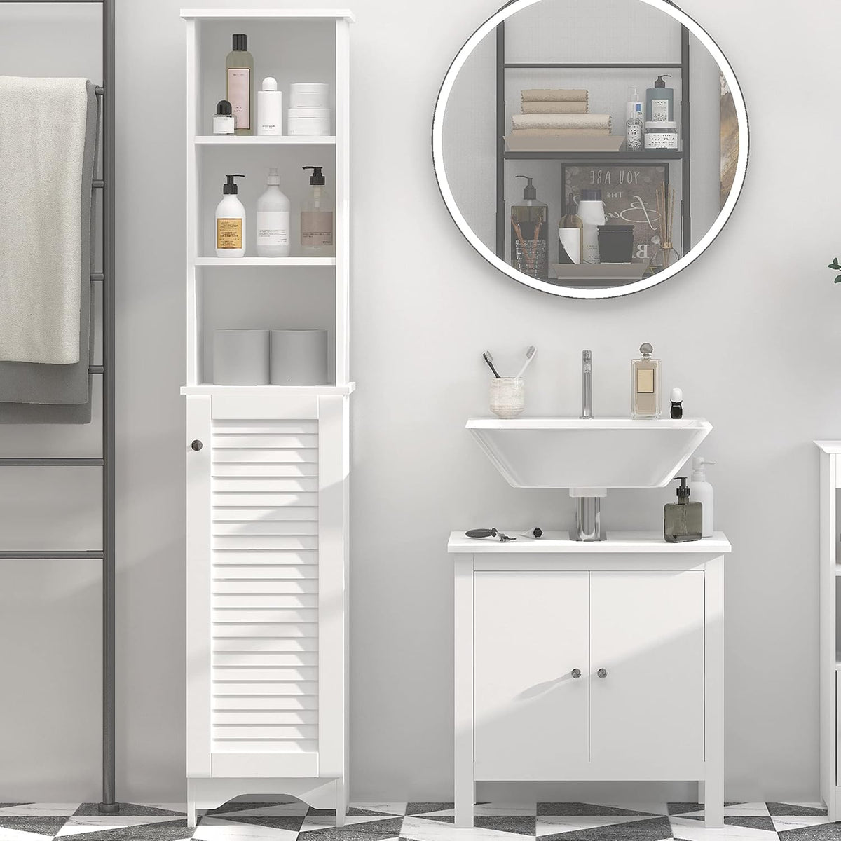 White Tall Bathroom Storage Cabinet with 3-Tier Shelf and Cupboard Z784804