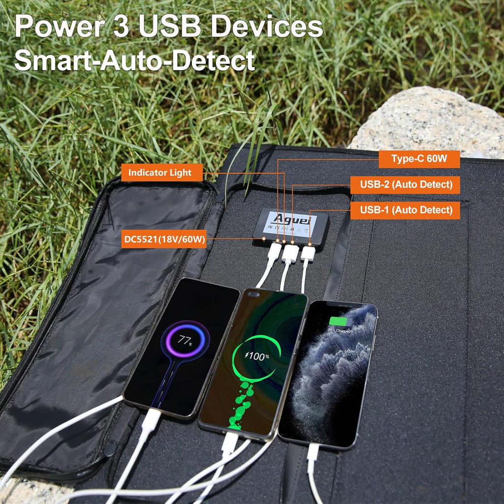 60W Foldable Monocrystalline Solar Panel with Adjustable Kickstand and 3 USB T111