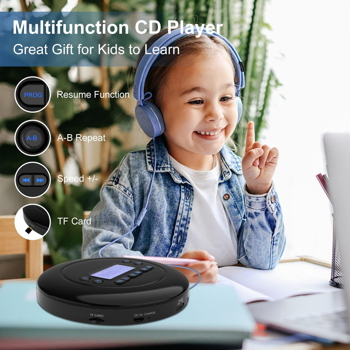 Portable Bluetooth CD Player with Dual Headphone Jack E947